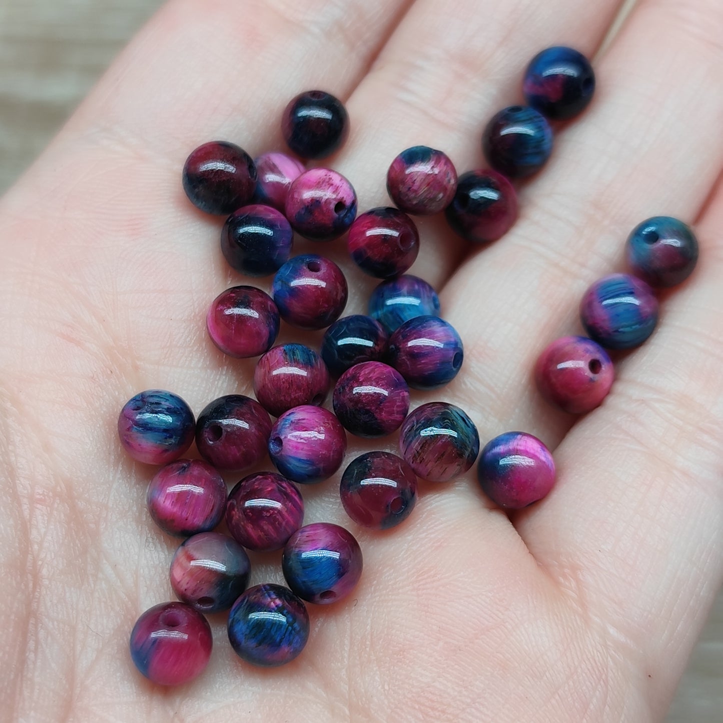 Oeil de Tigre bleu rose - perles naturelles teintées 6,5 mm – lot de 30