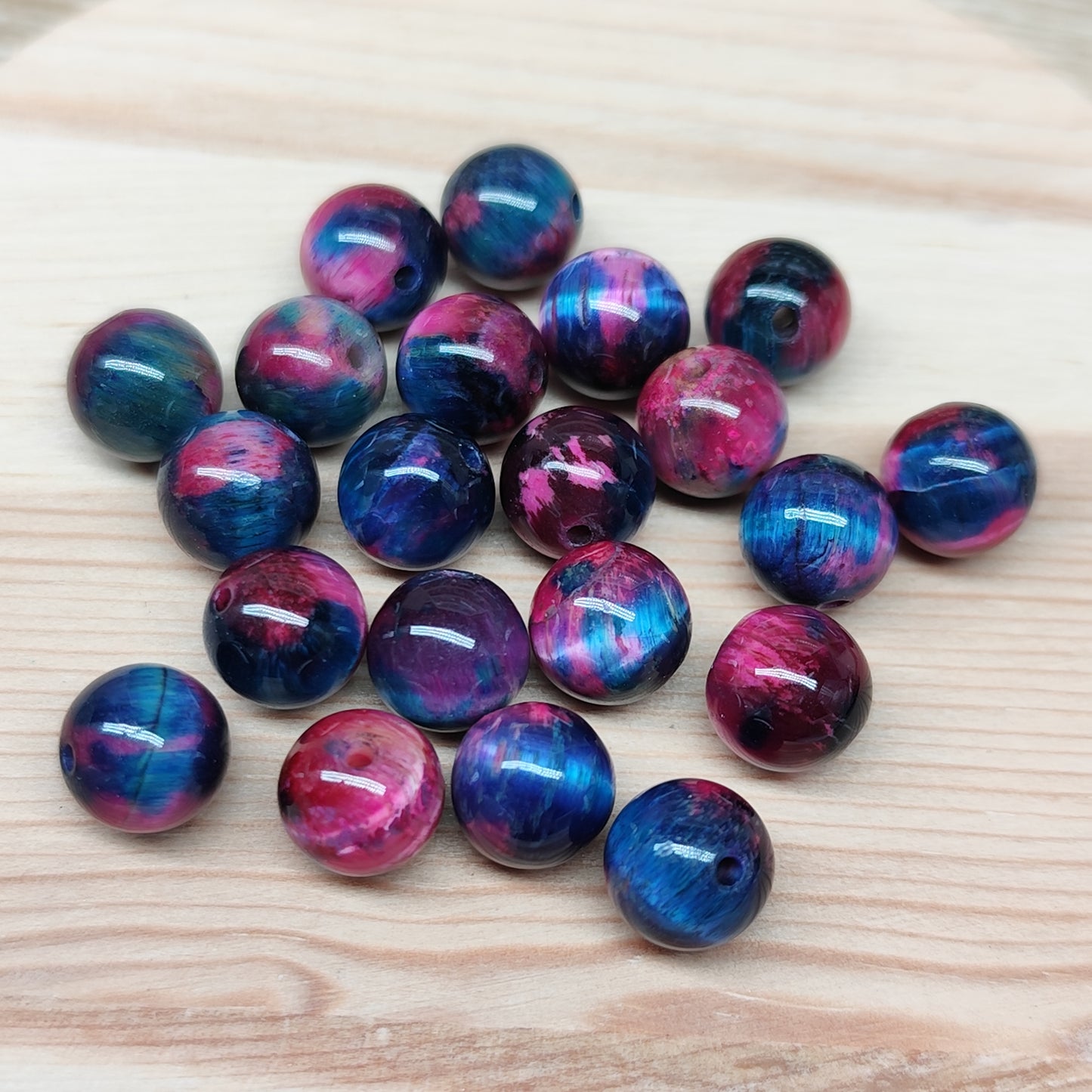 Oeil de Tigre Galaxie bleu rose - perles naturelles teintées 8,5 mm – lot de 20