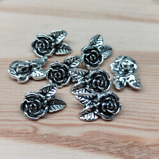 Perle rose et feuille en métal argenté – 7,5 mm - lot de 8