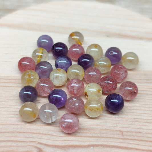 Quartz rutile doré, Améthyste, Quartz fraise – perles naturelles 6 mm – lot de 30