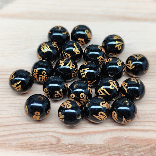 Agate noire gravée mantra – perles naturelles 8 mm – lot de 20